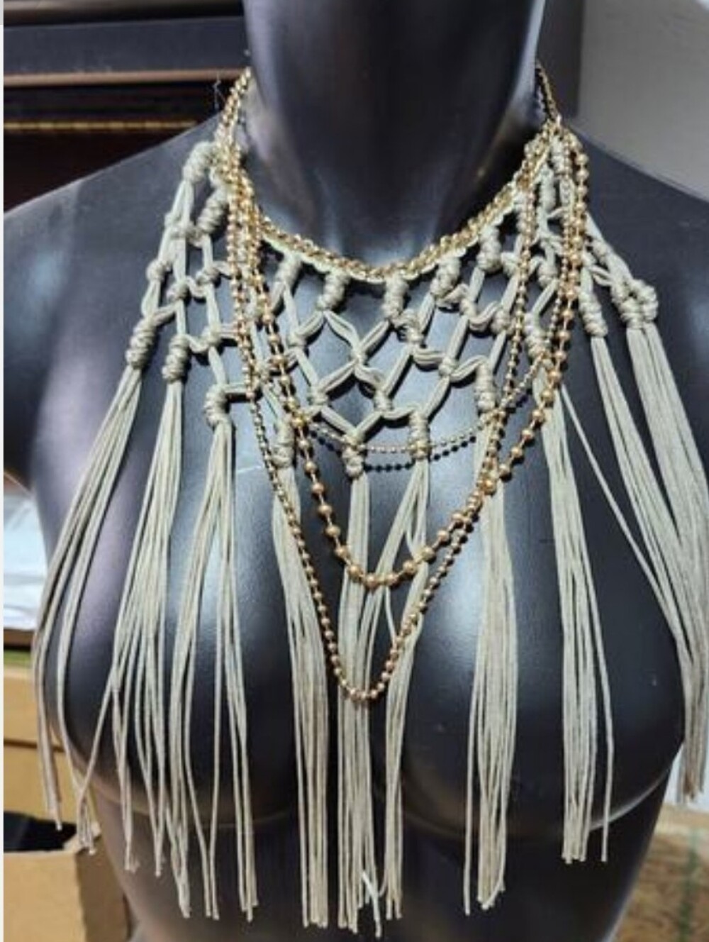 Chico's Olive Green Macrame Woven Bib Necklace with Gold Beads & Long Fringe